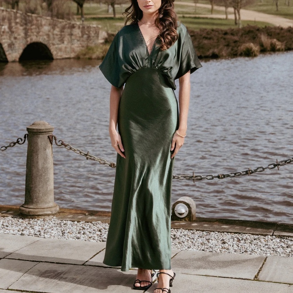 New Petal & Pup Ricki Maxi Satin Dress Olive Green Side Split